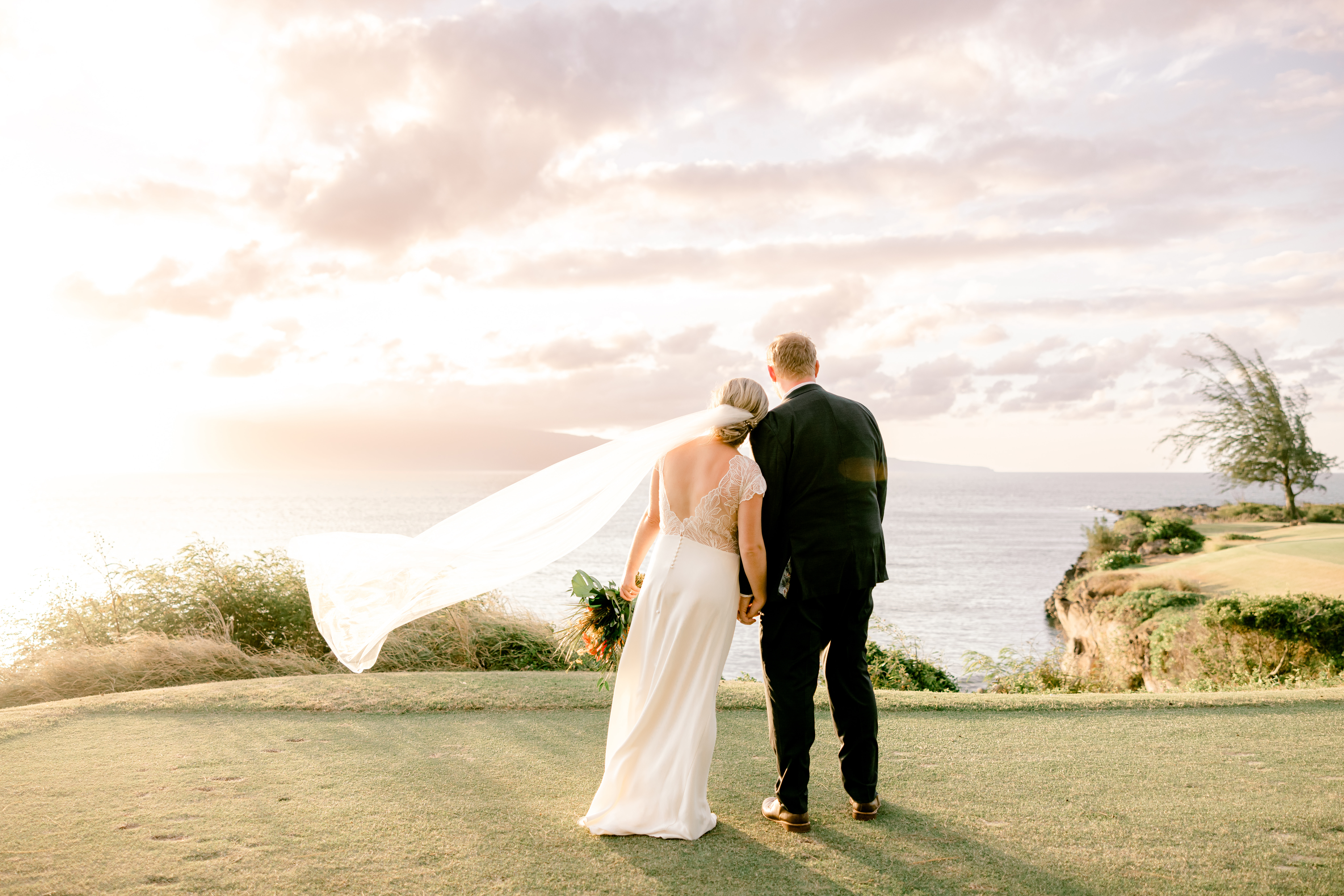 Bride and groom facing the ocean, standing in grass area holding hands while veil floating in the wind